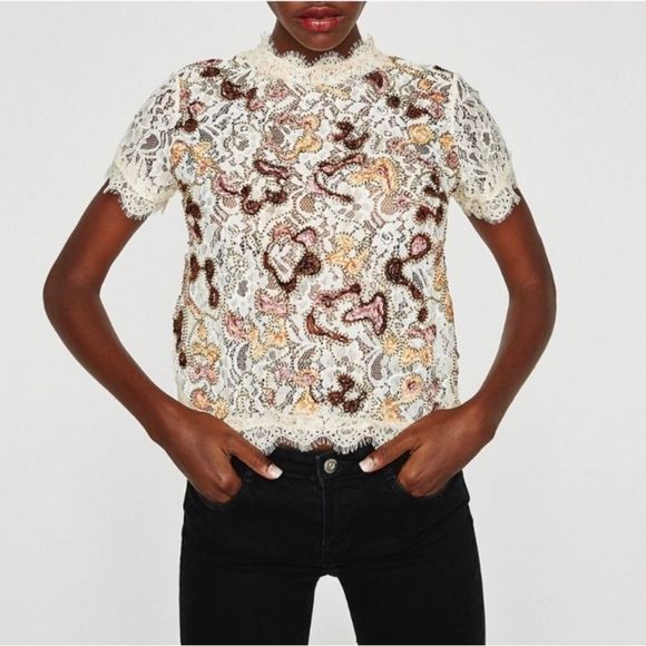 Zara Trafaluc Cropped Lace Velvet Zip Back Cream Top Size Small - Picture 1 of 11